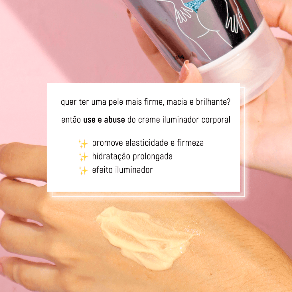 benefícios do hidratante iluminador glow lotion da madamecrème: promove elasticidade na pele, hidratação prolongada, efeito iluminador